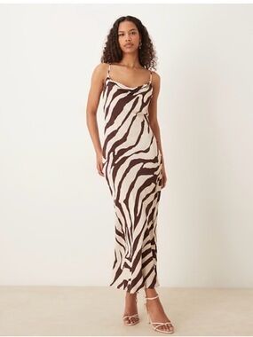 Mango Brown and Cream Zebra-Print Slip Maxi Dress